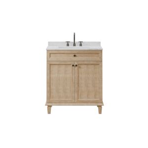 Meuble de salle de bain en bois clair vieilli avec pied Ensemble de lavabo intégré Meuble sous-lavabo Comptoir en pierre artificielle - Product Image 1