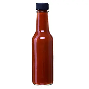 Bouteille en verre de 150 ml (5 oz) ou 240 ml (8 oz) pour <span class=keywords><strong>sauce</strong></span> tomate, <span class=keywords><strong>sauce</strong></span> piquante, <span class=keywords><strong>sauce</strong></span> chili, vinaigrette, avec insert verseur et bouchon noir scellé - Product Image 1
