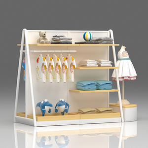 Espositore per Negozio di Abbigliamento e Calzature per Bambini Stile Crema, per Supermercati di Articoli per Mamme e Bambini, Struttura in Metallo Resistente con Ripiani in Legno Regolabili - Product Image 2