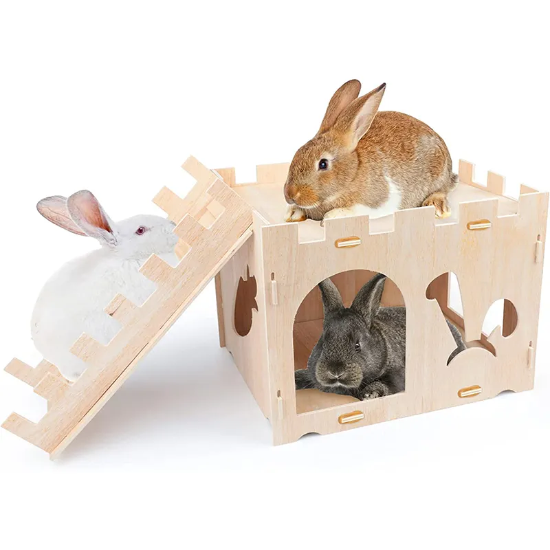 Wooden Rabbit Castle Bunny House and Hideouts Detachable Small Animal Play Hideaway Hut for Rabbit Guinea Pig Chinchilla Habitat