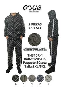 Tuta sportiva Th310r 1 da uomo, nera e bianca con stampa geometrica, felpa con cappuccio, pantaloni jogger, abbigliamento sportivo casual, chiusura con zip integrale. - Product Image 1