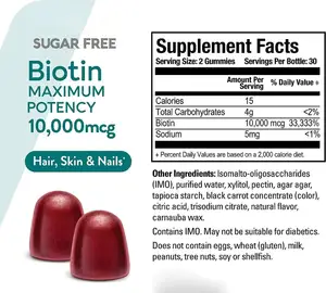 OEM Gommes à la pectine sans sucre Gummies pour la croissance des cheveux Gummies bio multi-vitamines et biotine