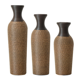 Juego de 3 jarrones decorativos de PVC y ratán tejidos a mano, jarrones de suelo de 27x56 pulgadas, 23x62 pulgadas, 19x69 pulgadas de altura, jarrones de granja con rayas marrones - Product Image 2