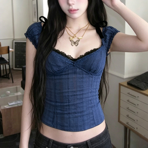 เสื้อผู้หญิงสีน้ำเงิน แขนพอง ทรงปกติ คอวี แต่งลูกไม้ ผ้าถักเนื้อแคนวาส ระบายอากาศได้ดี เป็นมิตรกับสิ่งแวดล้อม ป้องกันรังสียูวี เซ็กซี่ เหมาะสำหรับใส่ไปเที่ยวคลับ ฤดูร้อน - Product Image 4