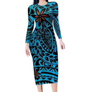 Benutzer definierte polynesische Stammes-traditionelle Art Meeres schildkröte Bild blau Kleid Persönlichkeit Blumen druck Lange elegante Party kleider