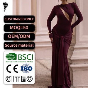 เดรสยาวเซ็กซี่สำหรับงานปาร์ตี้ผู้หญิงปี 2026 แบบเว้าลายจีบแขนยาว - Product Image 1