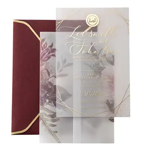 Lüks buzlu akrilik düğün davetiye ve çiçek baskılı Vellum kağıt seti özel şeffaf akrilik davetiye