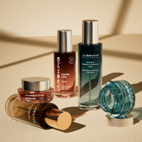 Ensemble de conditionnement cosmétique et de soins de la peau de luxe, écologique, personnalisable, avec électrodéposition, comprenant flacon en verre pour lotion et sérum, et pot à crème