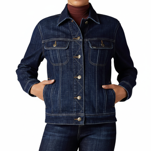 Chaqueta vaquera desgastada con detalle de solapa de retazos de bloque de color azul oscuro para mujer al por mayor hecha en Pakistán - Product Image 1