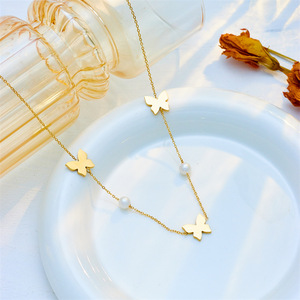 Butterfly Pendant Necklace Gold Stainless Steel Pearl Chain Elegant Collarbone Jewelry Gift For Women - Product Image 2