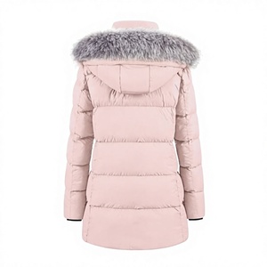 Chaqueta Acolchada Rosa para Mujer con Capucha con Ribete de Piel, Cierre de Cremallera, Abrigo de Invierno de Manga Larga y Largo Regular - Product Image 2