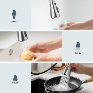 Robinetterie <span class=keywords><strong>de</strong></span> cuisine Kinglions avec douchette extractible, <span class=keywords><strong>robinet</strong></span> monocommande en acier inoxydable à arc haute, 1 ou 3 trous, finition nickel brossé - Product Image 3