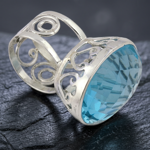 Bague de cocktail classique géométrique pour femme Art Palace, pierre naturelle bleue ovale, plaqué argent 925, bijoux glamour pour soirée - Product Image 3