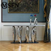 Table console sculpturale moderne, finition peinture artistique texturée, base en acier inoxydable, pieds ondulés, design durable, meubles pour la maison, hôtel