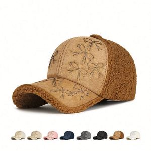 Casquette de baseball en peluche avec nœud et strass, version coréenne, mignonne et tendance, pour filles et femmes, idéale pour l'hiver - Product Image 2