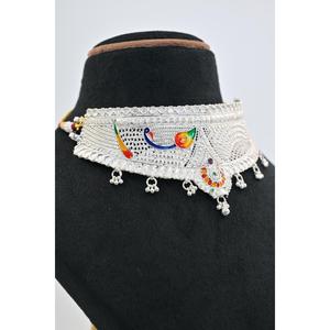 Ethnic <b>Silver</b> Plaster Chokar Set Necklace with Colorful Enamel Design Vintage Women's Wedding Gift 925 <b>Silver</b> Jewelry - Product Image 2