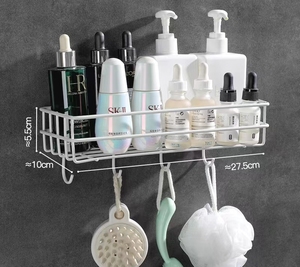 Estante de Baño Montado en la <span class=keywords><strong>Pared</strong></span> con Ganchos - Cesta Metálica para Ducha, Toallero para Artículos de Aseo, Jabón y Herramientas de Limpieza en el Baño o Dormitorio - Product Image 5