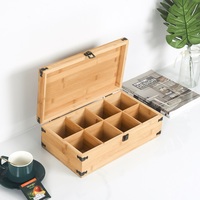 Boîte de rangement rectangulaire multifonctionnelle en bambou laqué écologique à 8 compartiments pour sachets de thé, avec couvercle découpé au laser