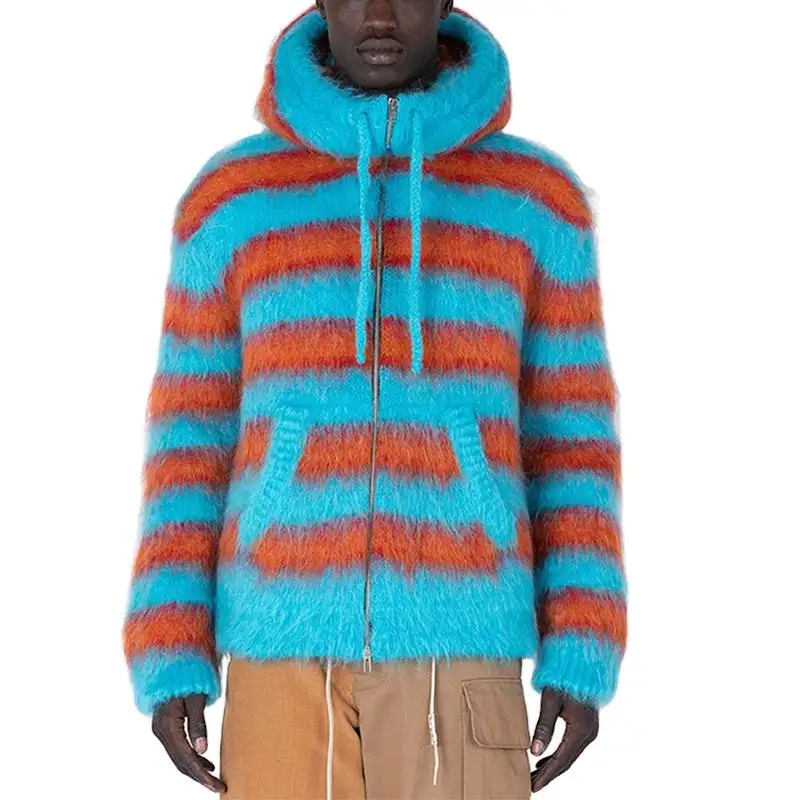 Custom LOGO OEM & ODM Mohair men Sweater Long Sleeve knitwear Fuzzy Knit Striped mohair hooded cardigan knitted sweater
