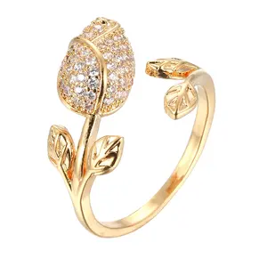2024 New arrival wholesale women flower full cubic zircon brass gift open ring jewelry