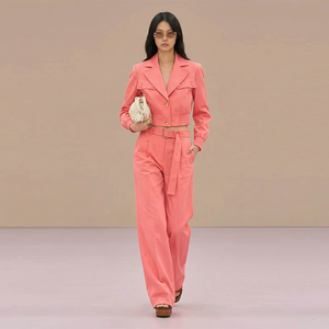 Custom Women Casual Fashion Suit 100% Cotton Twill Two-Piece Suit Set Double Breasted Top Wide Leg Pants <strong>2</strong> Piece Set - Product Image 2