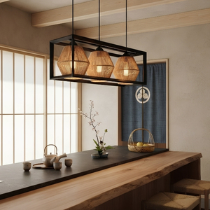 Lustre suspendu Haven à 3 lumières, abat-jour en rotin tressé à la main, style rustique pour salle à manger, îlot de cuisine - Product Image 2