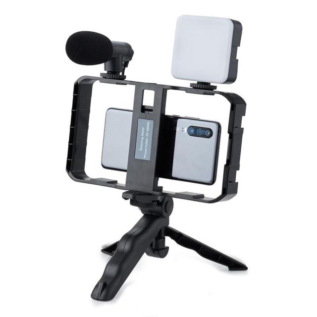 Portable Smartphone Cage Stabilizer with Microphone and LED Fill Light Anti-Shake Handheld Gimbal for Vlogging