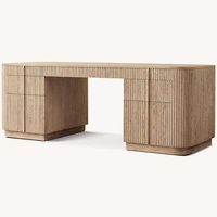 Bureau de direction élégant et moderne en chêne clair cannelé, 4 tiroirs sans poignées, coins arrondis, base sur socle, pour bureau à domicile, personnalisable OEM