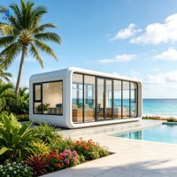 Module de bureau préfabriqué en acier modulaire avec vue panoramique en verre, design moderne pour villa, appartement, usage commercial extérieur