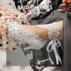 Elegant <b>White</b> Pearl Lace Wedding <b>Shoes</b> Open Toe 8cm Thin <b>Heels</b> Bridal Partyfish Mouth Breathable Solid Pattern Spring Weddings - Product Image 2