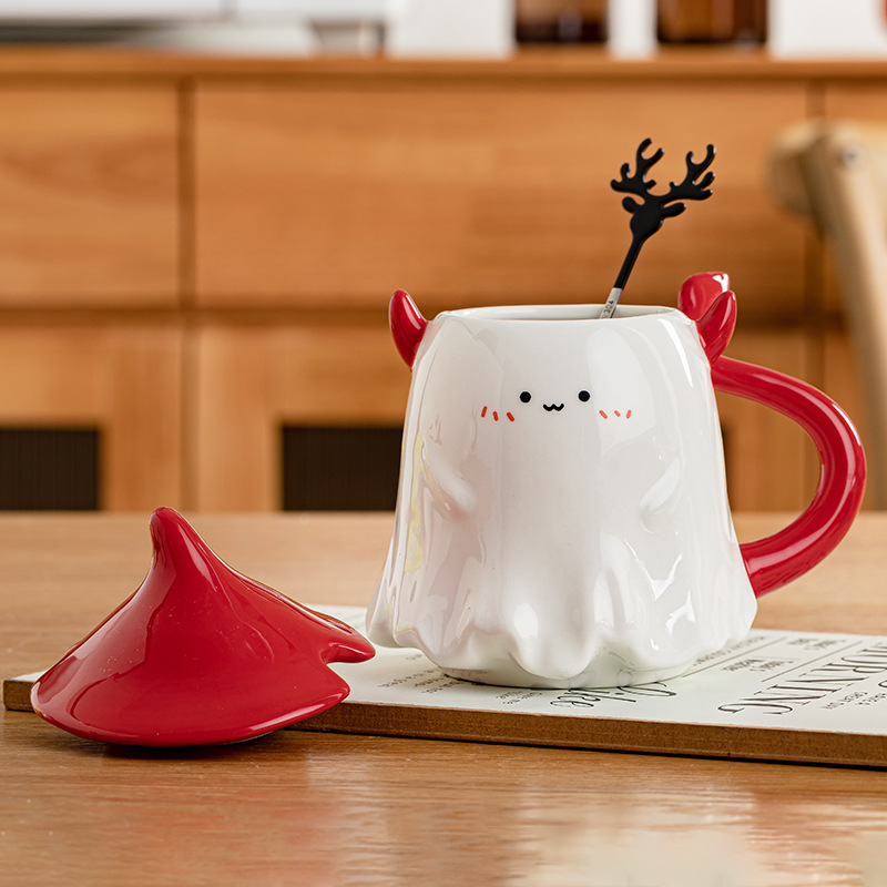 Red little devil-cup + lid + antler spoon