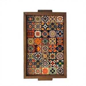 Bandeja otomana moderna de madera de nogal con asas, bandeja de servicio para decoración de sala de estar, bandeja de madera quemada, bandeja de madera grabada - Product Image 1