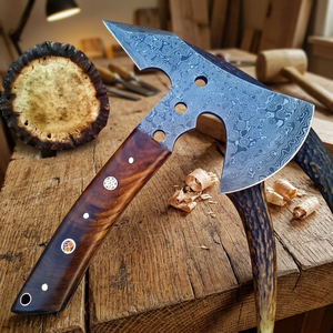 Hacha de Acero de Damasco de Grado Industrial Hecha a Mano con Espiga Plana y 3 Filos de Corte, Mango de Madera, Fácil de Transportar, para Camping y Caza MH.75 - Product Image 3