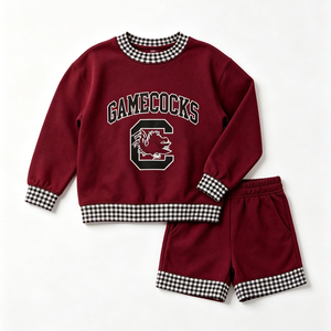 Ensemble assorti pour équipe sportive scolaire pour petites filles, haut à manches longues avec bordure à carreaux, sweat-shirt et short pour le jeu - Product Image 4