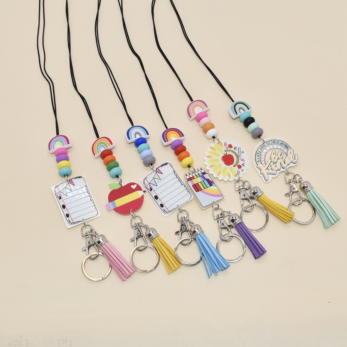 Custom Acrylic Lanyard Pencil Acrylic Silicone Beads Letter Tassel Lanyard with Work Card Simple Fashion Wholesale Image 5