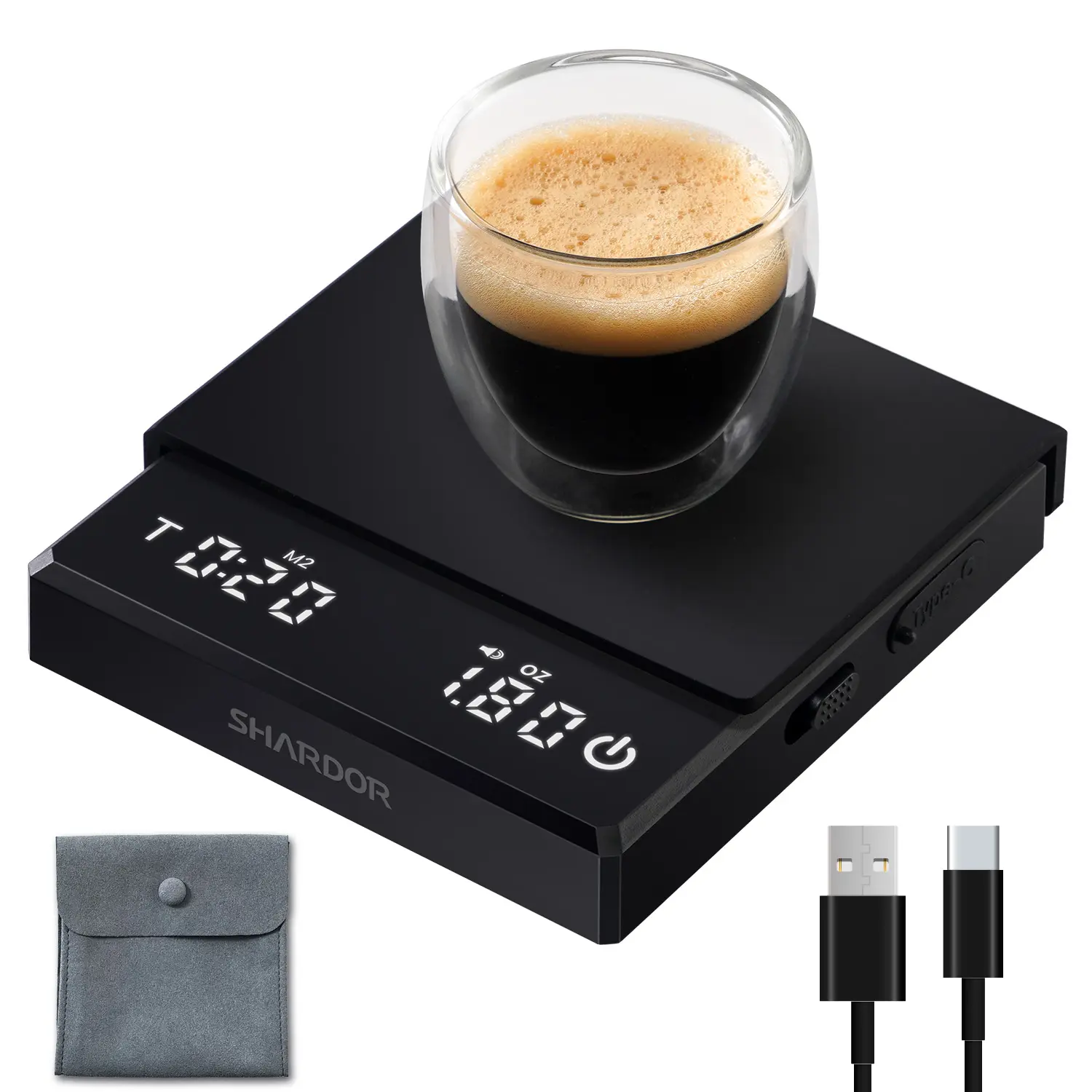 Mini báscula de café profesional SHARDOR con temporizador 0,1g/0.005oz, báscula de vertido de Espresso recargable de