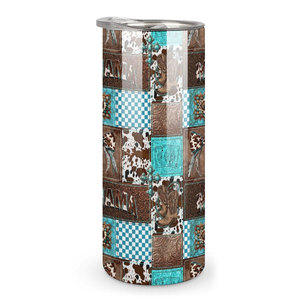 Gobelet isotherme personnalisé en acier inoxydable de 20 oz, motif patchwork western, avec paille et couvercle, pour café et voyage - Product Image 3