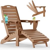 Chaise Adirondack pliable avec repose-pieds télescopique, imperméable, pour extérieur, avec 2 porte-gobelets, design moderne, portable (Teck)