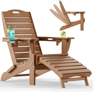 Silla Adirondack plegable con reposapiés telescópico extraíble, resistente a la lluvia, para jardín, con 2 portavasos, diseño moderno, portátil (Teca) - Product Image 1