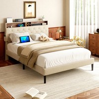 Base de lit en velours textile de luxe en gros avec espace supplémentaire sous le lit et ports USB intégrés pour la décoration intelligente des chambres d'hôtel