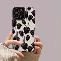 Coque de téléphone portable en cuir TPU souple avec impression de fleurs noires roses pour iPhone X Xr Xs 11 12 13 14 15 16 17 18 Pro Max