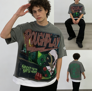 เสื้อยืดพิมพ์ลายกราฟิกโลโก้แบบกำหนดเอง เสื้อยืดฮิปฮอปผู้ชาย พิมพ์ซิลค์สกรีน วินเทจ ลุคย้อนยุค ฟอกสี เอฟเฟกต์ทำเก่า ทรงโอเวอร์ไซส์ - Product Image 2