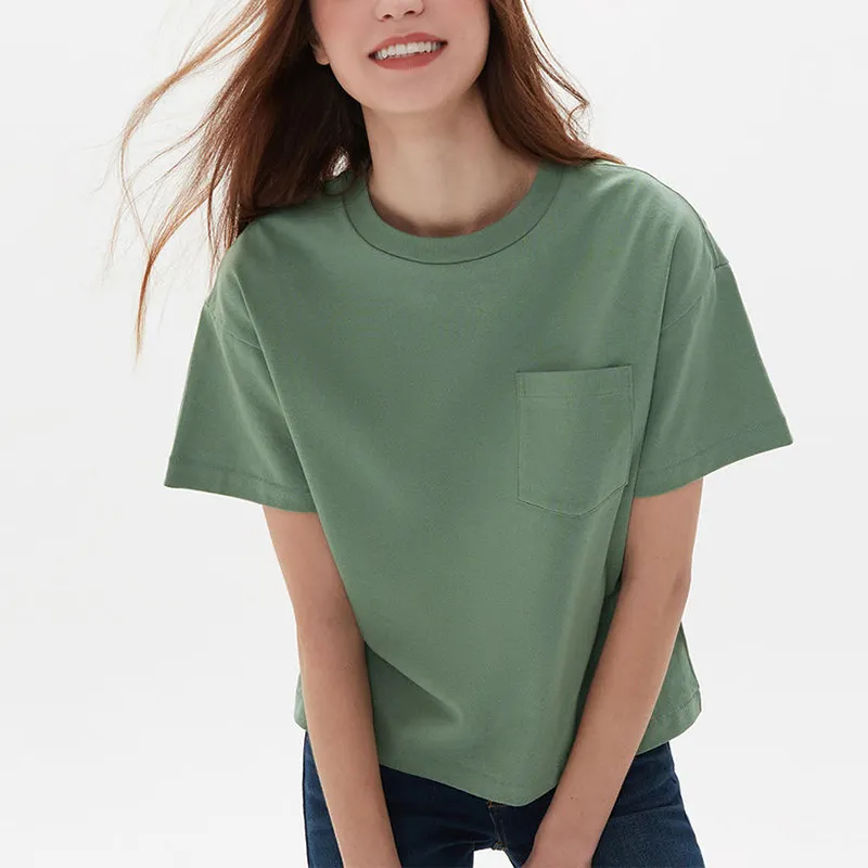 Custom Cotton Plain Women's Short Sleeve Loose T-shirts With Pockets