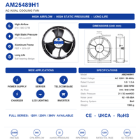 Ventilateur axial AC à faible bruit et à haut débit d'air, avec cadre en aluminium, roulement à billes, usage industriel, AM25489H1B 254x89mm 25489AC