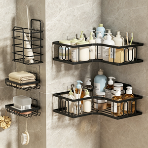 Soporte de almacenamiento adhesivo para <span class=keywords><strong>baño</strong></span> sin necesidad de taladrar, con ganchos y estantes para organizar artículos de aseo y productos de limpieza - Product Image 4