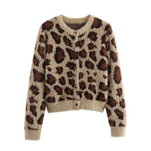 Women's Leopard Print Knitted <b>Cardigan</b> Short Round Neck Loose Fit Anti-Pilling Winter Sweater - Product Image 1