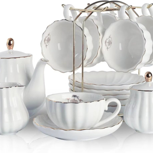 Service à thé en porcelaine série royale britannique, service de tasses et soucoupes de 8 oz pour 6, avec théière sucrier crème pichet cuillères à café - Product Image 1