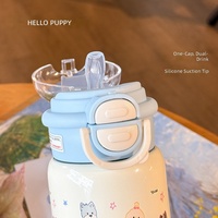 Bouteille d'eau isotherme 500 ml avec motif chiot mignon, couvercle 2-en-1, gourde en acier inoxydable avec paille et poignée de transport, idéale comme cadeau pour enfants