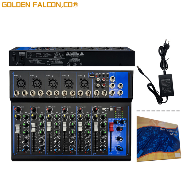 Audio Sound Cards Mixer F7 Professional Build-in Power Amplifier 7 Channel Mini Dj Audio Mixer with Wireless Microphone