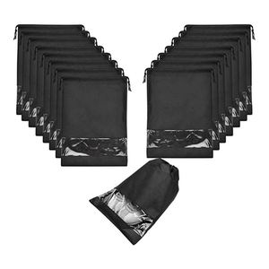 Sacs à cordon en non-tissé écologiques portables noirs avec logo personnalisé, imperméables, avec fenêtre transparente, designs et tailles personnalisés - Product Image 1